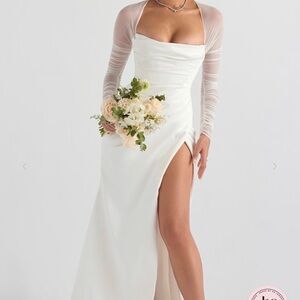 House of CB White Wedding Dress with Sheer Sleeves
